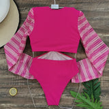 One Piece Swimsuit Sexy Long Sleeve Tropical Print Swimwear Women Bandage Monokini Hollow Out Bathing Suit String Beachwear 2023