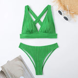 Wrinkled Crinkled Cross Back Bikini Women Swimwear Female Swimsuit Two-pieces Bikini Set High Cut Bathing Suit Swim Beach Wear