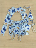 Long Sleeve Printed Halter Bikini Female Swimsuit Women Swimwear Four-pieces Bikini Set with Mesh Skirt Bathing Suit Beach Wear