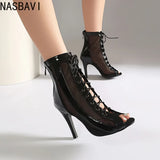 Plus Size Women Patent Leather Mesh Spliced Ankle Boots Back Zipper Peep Toe Lace Up Stiletto High Heels Hollow Out Summer Booti