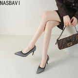 Women 8CM Pointed Toe High Heels Slip on Stiletto Pumps Dress Party OL Office Classic Stripes Single Shoes Gold Silver New 2026