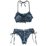 Bathing Suit Women Sexy Denim Suits Bikini Set Lace Up Drawstring Beachwear 2025 Solid Summer Vintage Two-pieces Swimwear