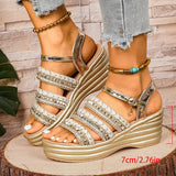 Golden Platform Gladiator Sandals for Women Summer Plus Size Height Increasing Sandals Woman Ankle Buckle Thick Sole Sandles 43