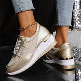 Fashion Thick Bottom Silver Sneakers Women 2025 Spring Wedge Heel Vulcanized Shoes Woman Comfortable Lace Up Sport Sneaker Mujer