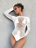 Toucheart Sexy Lingerie Long Sleeve Women's Jumpsuit Hollow Bikini One Piece Sexy Jacquard Solid Color Mesh See-through Bodysuit