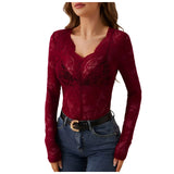 Women V Neck Floral Lace Long Sleeve T Shirt See Through Slim Fit Tees Y2k Gothic Club Party Streetwear Ladies Sheer Basic Tops