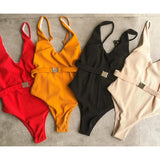 V Neck Ribbed High Cut Women Swimwear One Piece Swimsuit Female Backless Monokini with Waist Belt Bathing Suit Swim Beachwear