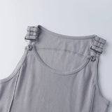 Women's Solid Color Ribbed Tank Tops Stylish Sleeveless Camisole with Metal Buckle Straps and Curved Hemline