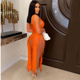 DEKA Women Knitted Tassel Beach Bikini Cover Up Backless Crochet Long Beach Dress Swimwear Side Split Hollow Out Sundress