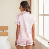 Women Pink Striped Satin Silk Pajamas Set Short-Sleeved V-neck Top and Shorts High Grade Ladies Sleepwear Loungewear