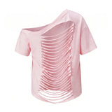 Women's Ripped Backless T-shirt Off Shoulder Short Sleeve Loose Fit Tee Tops Solid Color Shirts for Party Club Gothic Summer