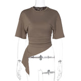 FDYOUI Women O-neck Short Sleeve Solid T-shirts 2026 Summer Chic Ruched Bandage Corset T-shirt Female Tunics Irregular Crop Tops