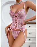Toucheart Sexy Lingerie Suit for Women Broken Flowers Lingerie Lace Up Hollow Out Sexy Embroidery Sling Underwear Garters Set