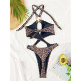 Sexy Tummy Cut Out Leopard Snakeskin Women Swimwear One Piece Swimsuit Female Halter High Cut Leg Bather Bathing Suit Swim V7972