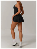 Summer Tennis Dress Women Sleeveless V Neck Slim Skirt Pleate Twisted Design Crossed Hollow Out Sports Yoga Golf Skirt Badminton