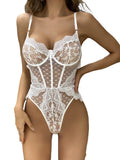 Sexy Lace Trimmed Mesh Splicing Heart Printed Transparent Backless Deep V Suspenders Sleeveless Bodysuits Pure Desire Charm W23J