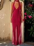 Women's Summer Dress Dot Print Backless Halter Slim Fit Long Dress with Scarf Party Elegant Dresses