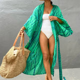 New 10 Colors Printed Long Sleeve With Belt Tunic Beach Cover Up Cover-ups Beach Dress Beach Wear Beachwear Female Women V4521