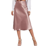 Satin-Like Shiny Skirt Women Midi Skirt High Waist Solid Color Mid-calf Length Skirt Soft Breathable Fabric Work Skirts