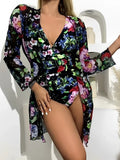 2026 Printed Swimsuit Women One Piece With Cover Up Floral Swimwear Female Beach Wear Push Up Bathing Swimming Swim Suit Summer