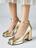 Big Size 32-46 Elegant Gold Metallic Platform High Heels Women Shoes Square Toe Ankle Strap Chunky Heel Party Wedding Pumps