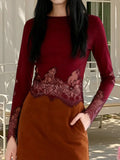 Women's Spring Summer Round Neck Tops Solid Color Long Sleeve Slim Fit Party Lace Patchwork T-shirts