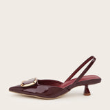 Large Size 35-43 Pointy Toe Burgundy Kitten Heels Slingback Women Summer Pumps Elegant Square Buckle Sandal OL Office Lady Shoes