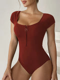 2026 Short Sleeve Swimsuit Women One Piece Solid Swimwear Female Zipper Bathers Bathing Swimming Suit Summer Beachwear Bodysuit