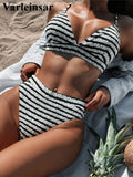 Sexy Black White Striped High Waist Bikini Female Swimsuit Women Swimwear Two-Pieces Bikini Set Bather Bathing Suit Swim V5830