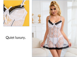 Pink Sexy Lace Ruffled Suspender Nightdress for Women Babydoll Lingerie Push Up Chemise Sleepwear