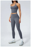Women Tracksuit 2PCS Seamless Yoga Sets Hanging V Neck Slim Sports Tank Top Fitness Outfits Gym Running High Waist Leggings Suit