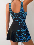 Vintage Blue Leaves Print One Piece Swimsuit 2025 Women Push Up Slim Tummy Control Skirt Swimwear Bathing Suit Holiday Monokini