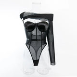 Toucheart Sexy Lingerie One-shoulder Sleeve Body Shaping Jumpsuit Women Push-up Chest Cotton Splicing Mesh Perspective Underwear