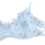 Blue Floral Lace Mesh Bra and Panties Set for Women Push Up Underwire Adjustable Straps Daily Sleepwear Romantic Fancy Lingerie