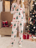 Women's 2025 Christmas Pajama Set Long Sleeve Lapel Santa Claus Christmas Tree Print Shirt Pants Two Pieces Sleepwear