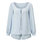 Women’s Casual 2 Piece Outfits Long Lantern Sleeve Button Down Tops + Shorts Set Solid Color Loose Suits