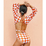 One Piece Swimsuit Sexy Long Sleeve Tropical Print Swimwear Women Bandage Monokini Hollow Out Bathing Suit String Beachwear 2023