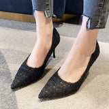 Fashion Tweed Cloth Stiletto Heel Pumps Women Elegant Pointed Toe High Heel Shoes Woman Brand Thin Heeled Party Dress Shoes