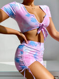 2026 Two Piece Swimsuit Swimwear Women Short Sleeve High Waist Bowknot Bathing Suit Beachwear Snakeskin Print Banadores Mujer