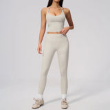 Women Tracksuit 2PCS Seamless Yoga Sets Hanging V Neck Slim Sports Tank Top Fitness Outfits Gym Running High Waist Leggings Suit