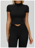 Naked Yoga T Shirts Women Stand Up Collar Zipper Tight Sports Shirts Outdoor Solid Short Sleeved Gym Running Fitness Tank Tops