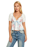 Womens Summer Crop Tops Puff Short Sleeve V Neck Floral Print T-shirts