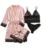 4pcs Women Striped Lingerie Set Lace Trim Robe Camisole Shorts Panties Nightwear Sleepwear Homewear Sexy Pajamas Outfit