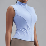 Women Zipper Yoga Shirts Solid Stand Up Collar Elastic Slim Fit Sports Jacket Breathable Sleeveless Sunscreen Workout Clothes
