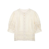 Women's Fashion Lace Romantic Style Shirt Women White Lace Trim Puff Sleeve Neck Button Front Casual Shirt For Daily Wear RJWE