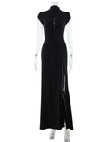Ahagaga Fashion Women's Maxi Dresses Half High Collar Solid Sexy Single Breasted High Split Short Sleeves Sheath Streetwear Fit