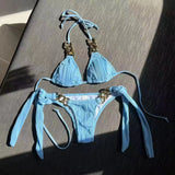 Halter Metal Rings Bikinis Wrinkled Bikini Female Swimsuit Women Swimwear Two-pieces Bikini Set High Cut Bathing Suit Swim Lady
