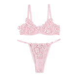 Blue Floral Lace Mesh Bra and Panties Set for Women Push Up Underwire Adjustable Straps Daily Sleepwear Romantic Fancy Lingerie