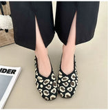 Leopard Color Square Toe Knitted Loafers Women Leisure Flat Shoes Soft Bottom Shallow Ballet Flats Casual Slip on Boat Shoes