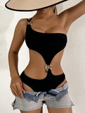 Asymmetric One Shoulder Mesh Skirt One Piece Swimsuit Women Thong Swimwear Female Metal Ring Monokini Bathing Suit Beachwear